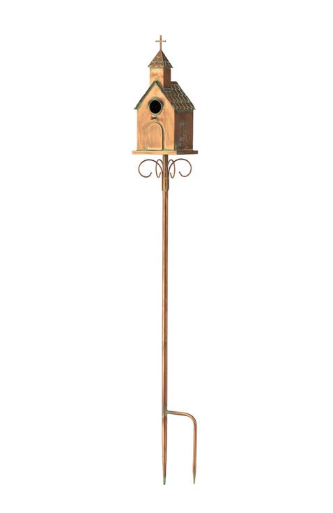 Farmhouse Faux Copper 2-Tiered Metal Decorative Garden Birdhouse with Stake