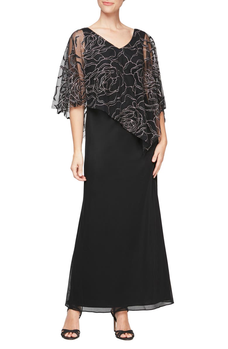 SL FASHIONS Floral Glitter Popover V-Neck Gown, Main, color, 