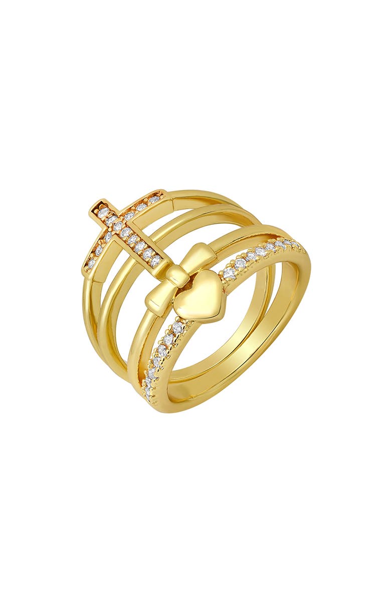 HMY JEWELRY Cross & Heart Simulated Diamond Stacked Pavé Ring, Alternate, color, Gold