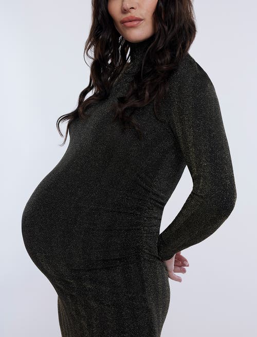 Motherhood Maternity Mesh Turtleneck Maxi Maternity Dress In Gold Lurex