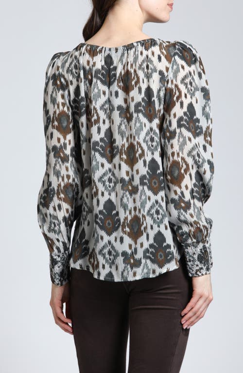 Apny Printed Smocked Cuff Top In Brown Multi