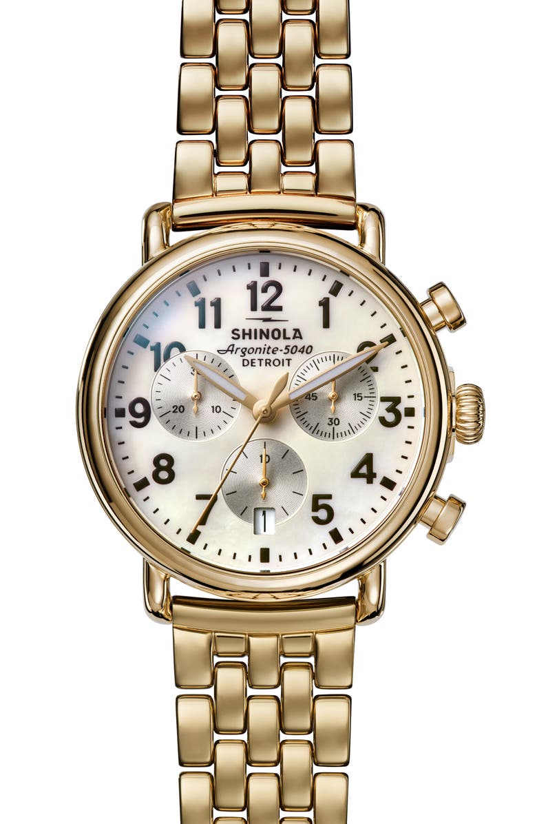 Shinola Runwell Mother-of-Pearl Chronograph Bracelet Watch, 37mm, Main, color, White Mother Of Pearl/ Gold