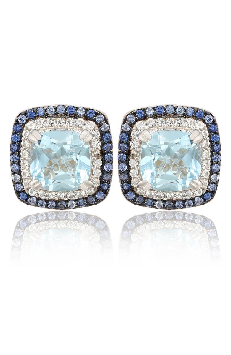 SUZY LEVIAN Cushion Semiprecious Stone Double Halo Stud Earrings, Main, color, Blue