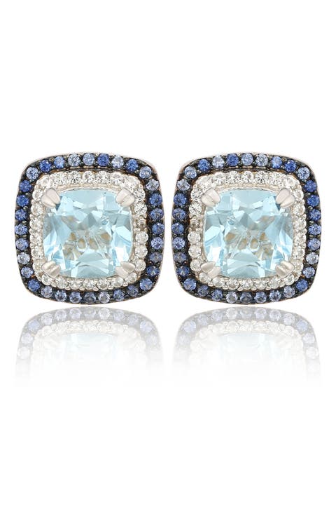 Cushion Semiprecious Stone Double Halo Stud Earrings