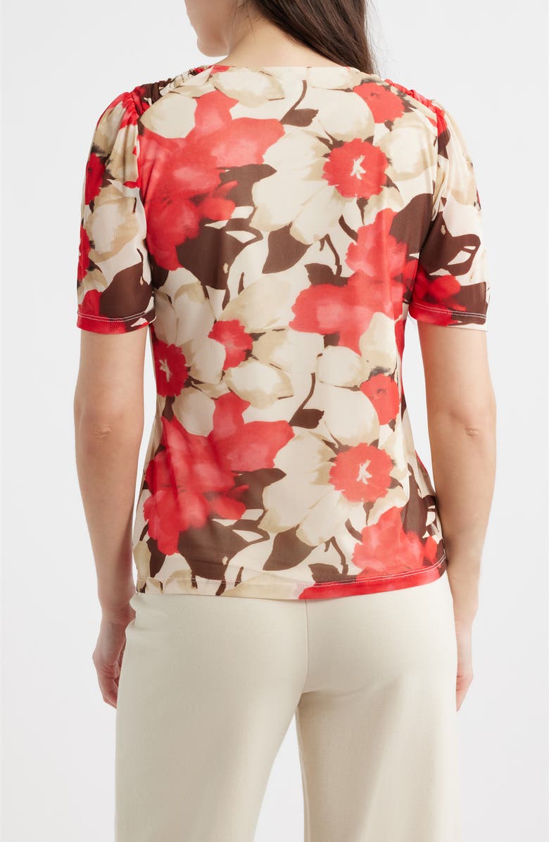 Anne Klein Floral Print Ruched Sleeve Top, Alternate, color, White Dove Multi