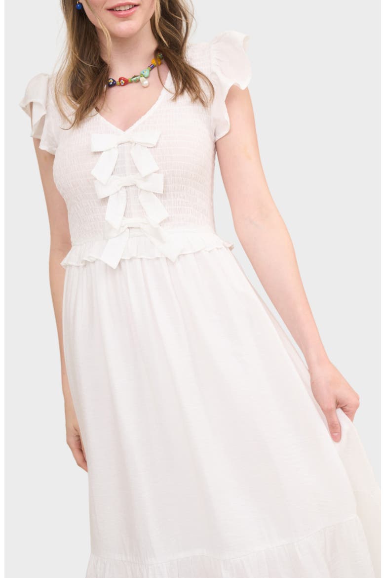 Bow Cap Sleeve Smocked Fit & Flare Midi Dress, Alternate, color, WHITE