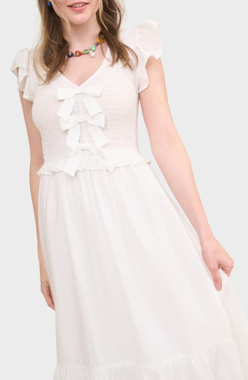 BLU PEPPER BLU PEPPER BOW CAP SLEEVE SMOCKED FIT & FLARE MIDI DRESS 