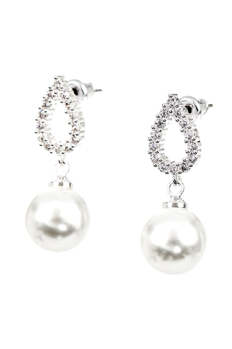 Pavè Cubic Zirconia & Faux Pearl Pendant Necklace & Earrings Set, Alternate, color, METALLIC SILVER