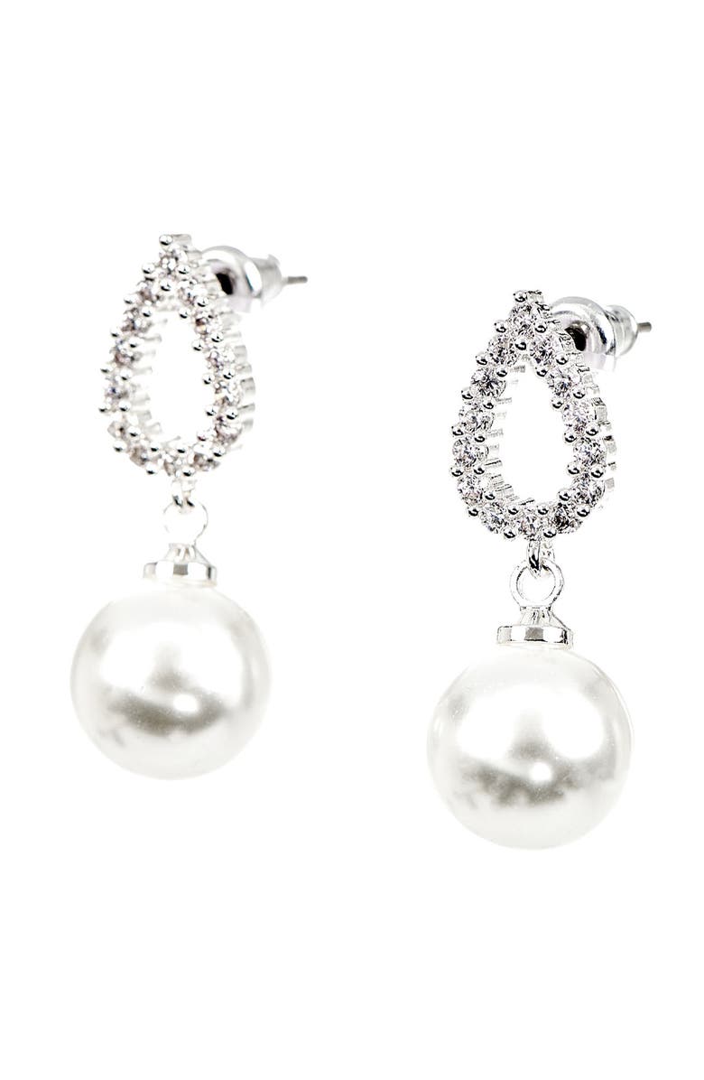 Danecraft Pavè Cubic Zirconia & Faux Pearl Pendant Necklace & Earrings Set, Alternate, color, Metallic Silver