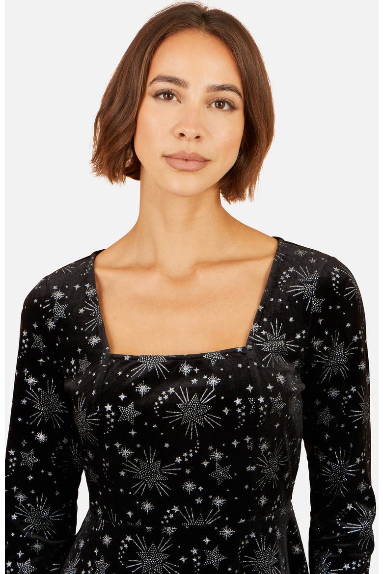 Starburst Foil Skater Dress, Alternate, color, Black