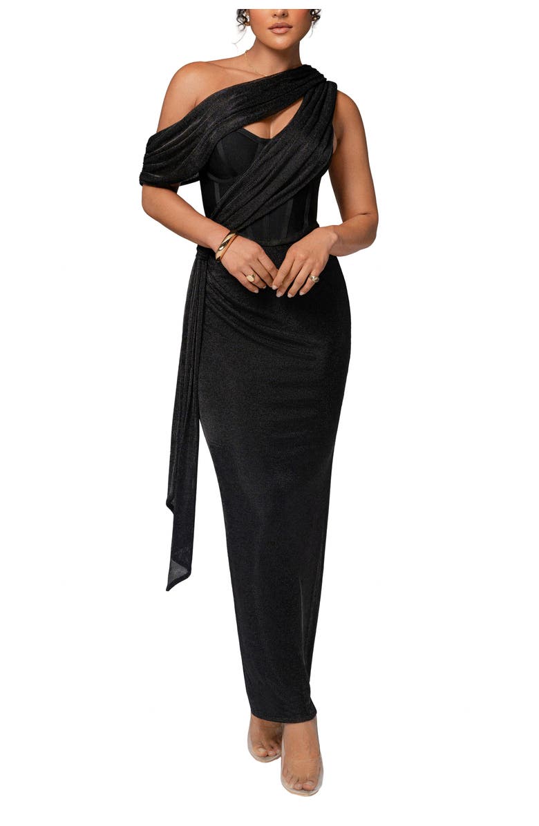 JLUXLABEL Metallic Celestina Draped Maxi Dress, Main, color, Black