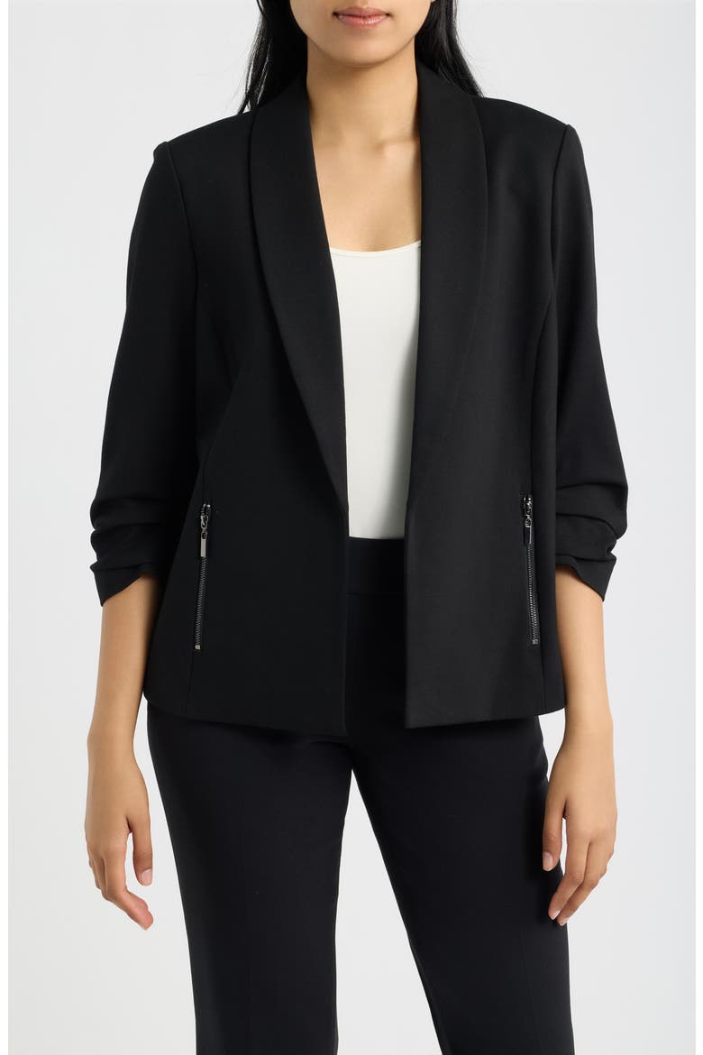 Ruched Sleeve Shawl Collar Jacket, Main, color, ANNE BLACK