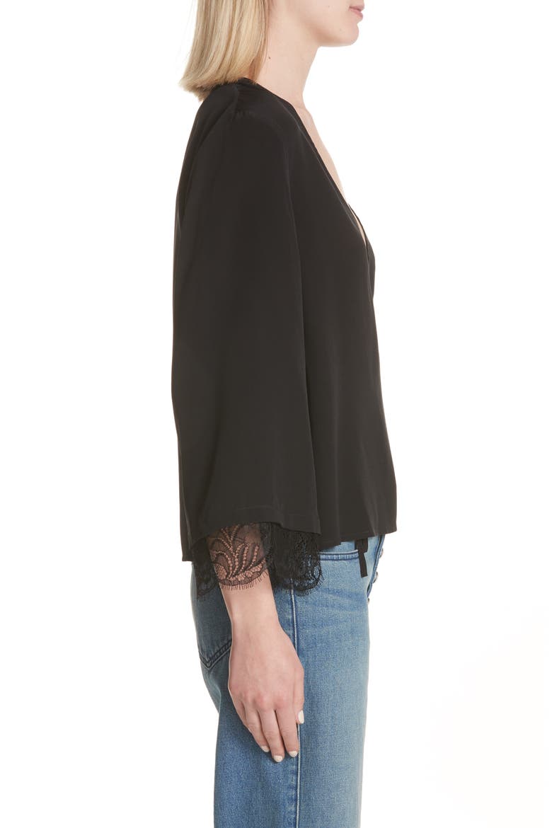 Riona Lace Trim Silk Wrap Blouse, Alternate, color, BLACK
