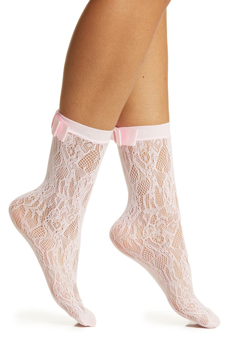 HIGH HEEL JUNGLE Coco Bow Lace Crew Socks, Main, color, Pink