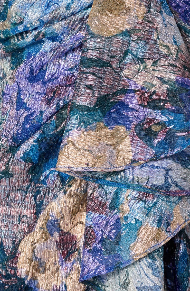 Adrianna Papell Floral Metallic Crinkle Asymmetric Neck Gown, Alternate, color, Blue Multi