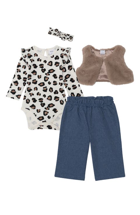 4-Piece Faux Fur Vest & Knit Bodysuit Set (Baby)