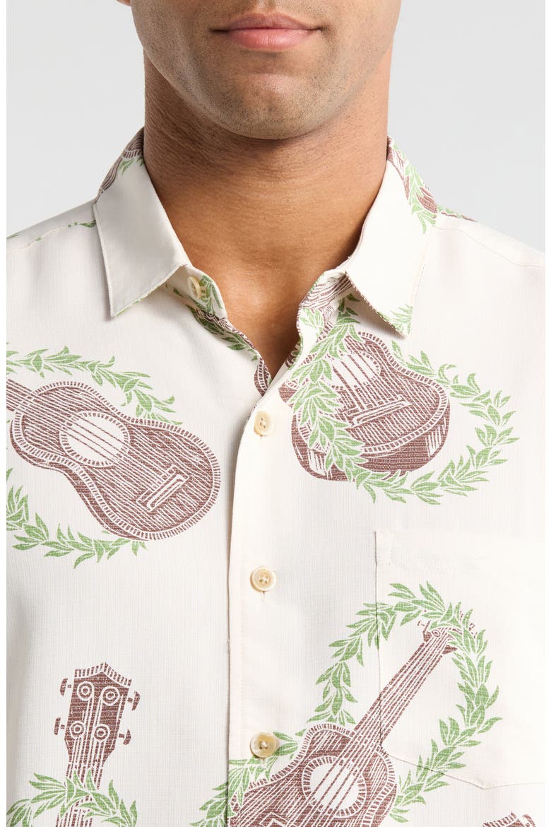 Ukulele Mele Print Short Sleeve Button-Up Shirt, Alternate, color, WHITE
