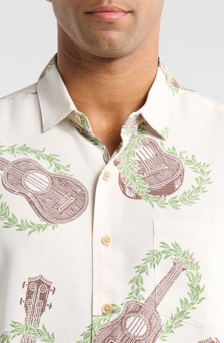 Kahala Ukulele Mele Print Short Sleeve Button-Up Shirt, Alternate, color, White