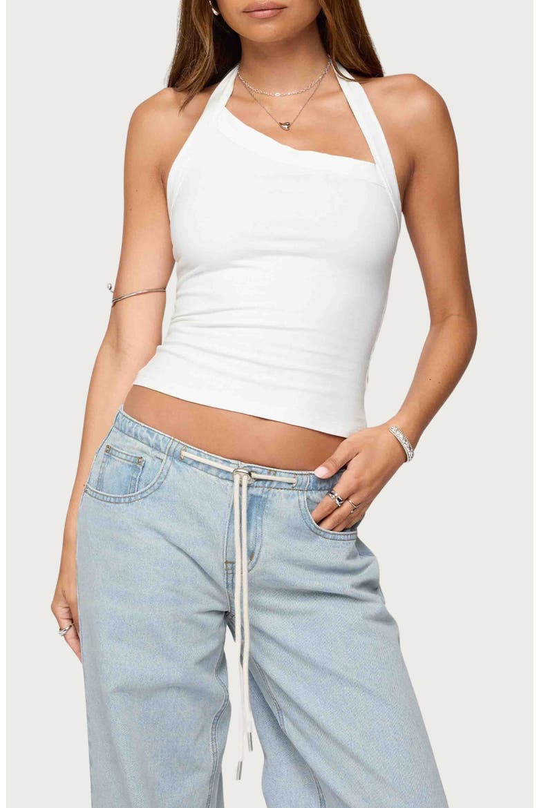 Kylan Asymmetric Stretch Cotton Halter Top, Main, color, WHITE