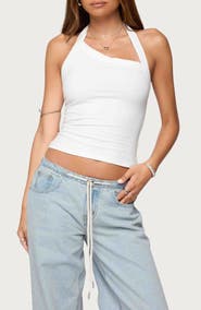 EDIKTED Kylan Asymmetric Stretch Cotton Halter Top