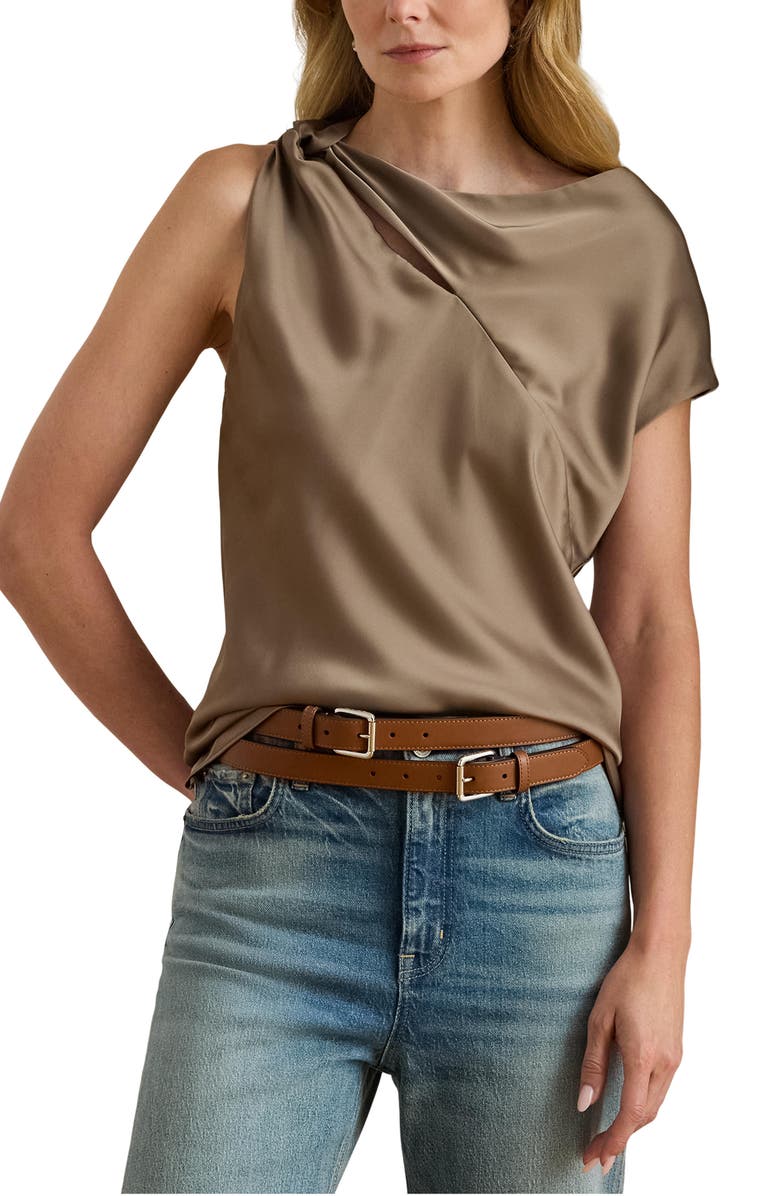 Lauren Ralph Lauren Asymmetric Drape Charmeuse Top, Main, color, Taupe Brown