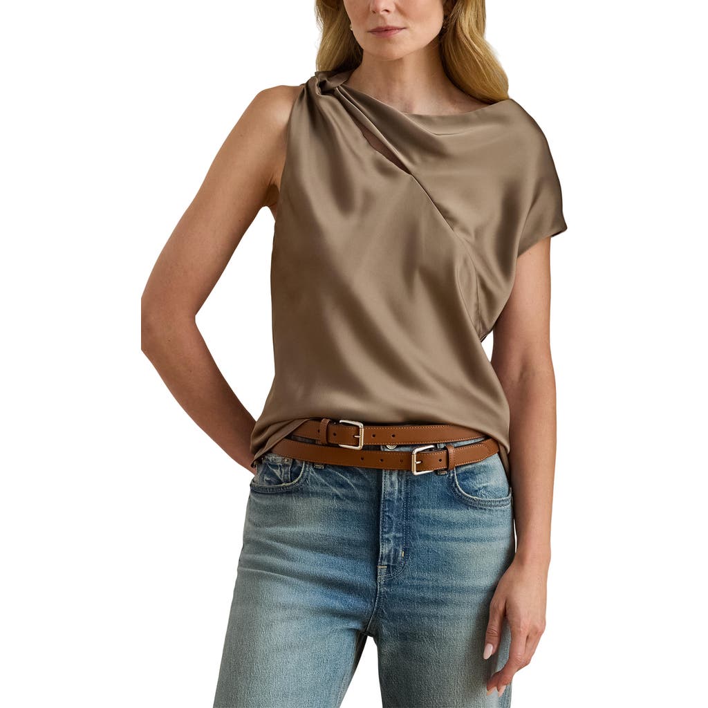 Lauren Ralph Lauren Asymmetric Drape Charmeuse Top in Taupe Brown  product