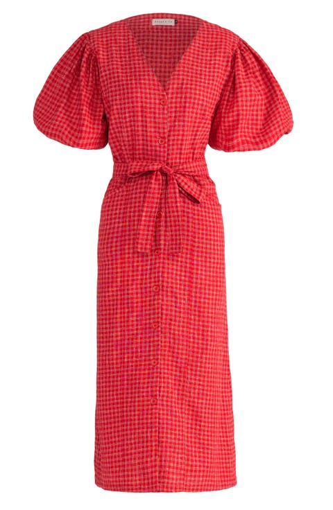 Meghan Gingham Hemp Midi Dress In Scarlet Red