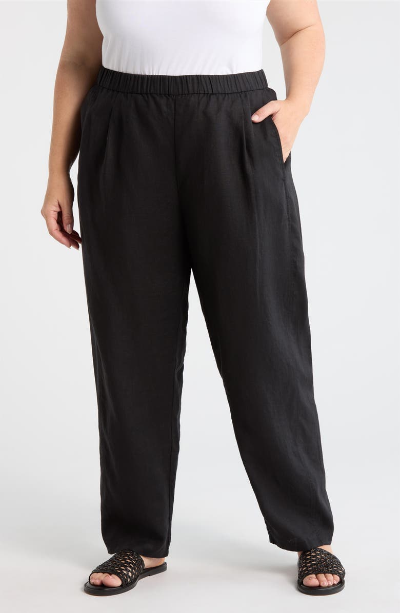 Eileen Fisher Pleated Organic Linen Ankle Lantern Pants, Main, color, Black