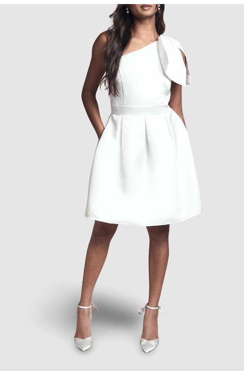 Coast One Shoulder Bow Bridal Mini Dress, Alternate, color, Ivory