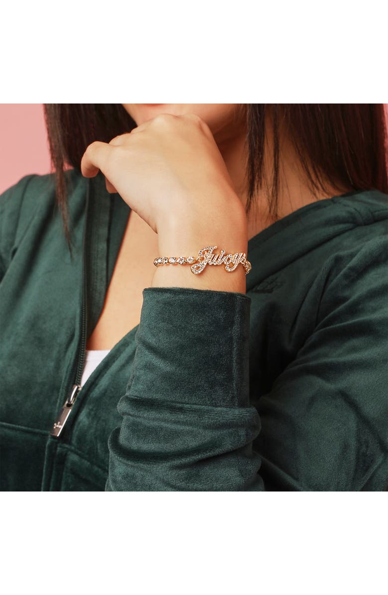 Juicy Couture Crystal Tennis Bracelet with Signature Script Logo Charm, Alternate, color, Gold