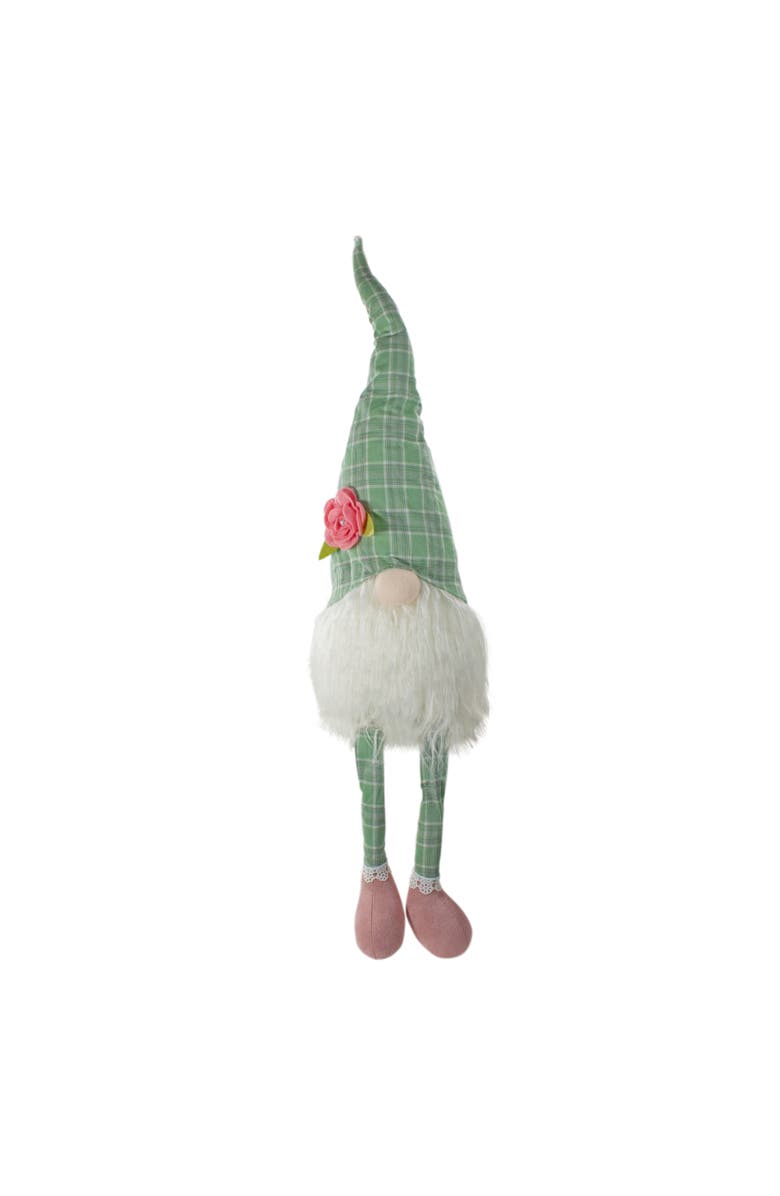 Northlight Spring Floral Plaid Gnome Figure with Dangling Legs - 28" - Green and White, Main, color, Green