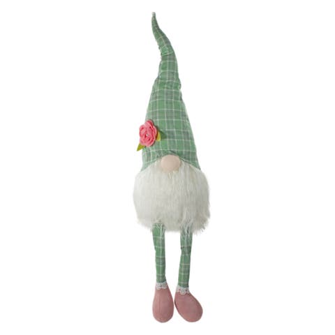 Spring Floral Plaid Gnome Figure with Dangling Legs - 28" - Green and White