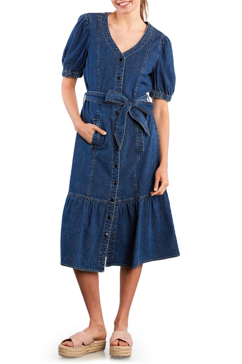 Ruffle Hem Tie Waist Denim Midi Dress, Main, color, DUSK BLUE