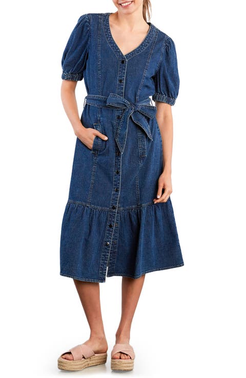 Ruffle Hem Tie Waist Denim Midi Dress