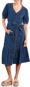Wash Lab Denim Ruffle Hem Tie Waist Denim Midi Dress