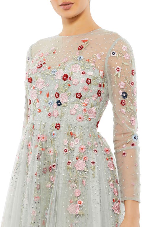 Mac Duggal Embroidered Illusion High Neck Long Sleeve A Line Gown In Platinum Multi