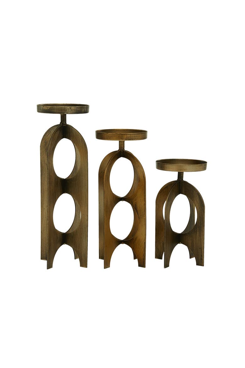 Goldtone Metal Handmade Pillar Candle Holder - Set of 3, Alternate, color, GOLD