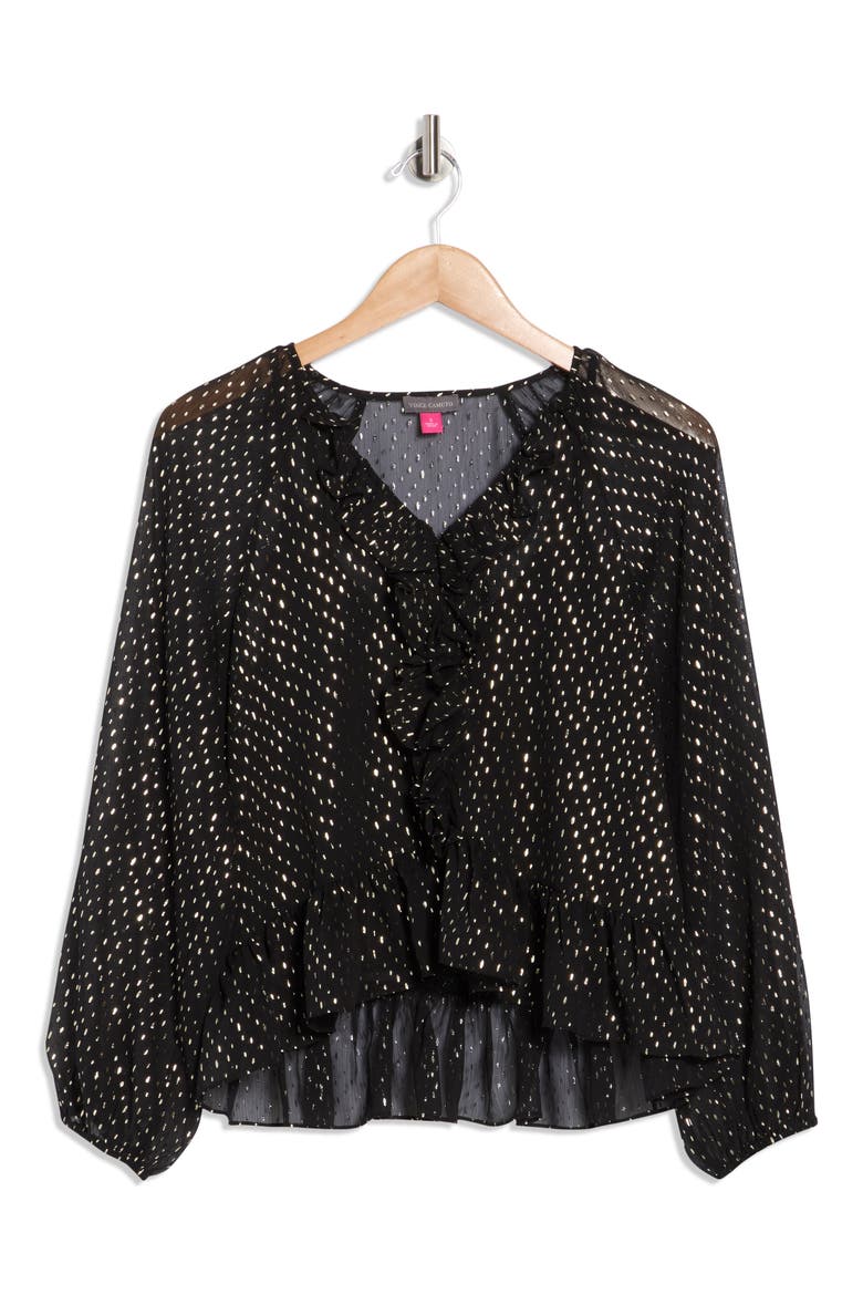 Metallic Print Ruffle Sleeve Chiffon Top, Alternate, color, RICH BLACK