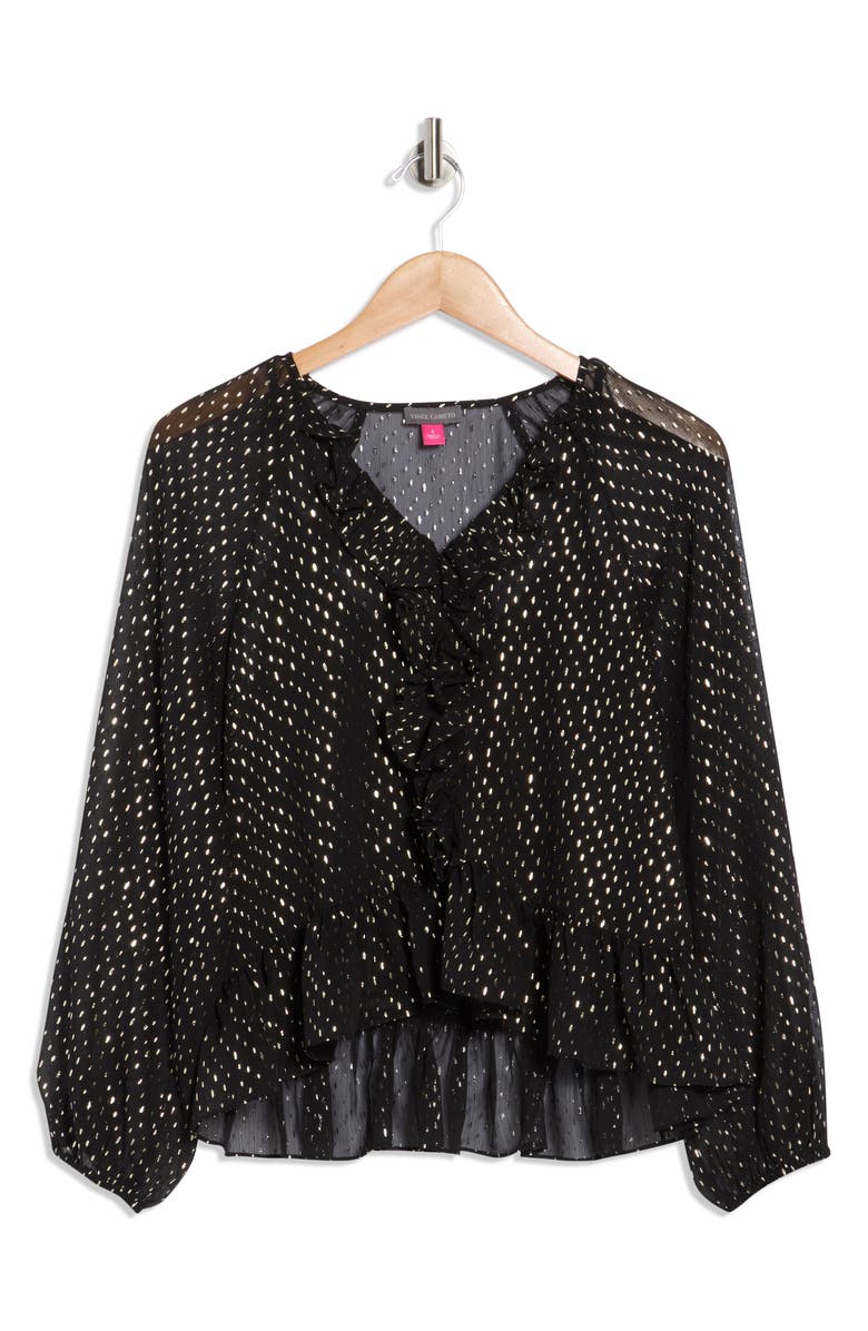 Vince Camuto Metallic Print Ruffle Sleeve Chiffon Top, Alternate, color, Rich Black