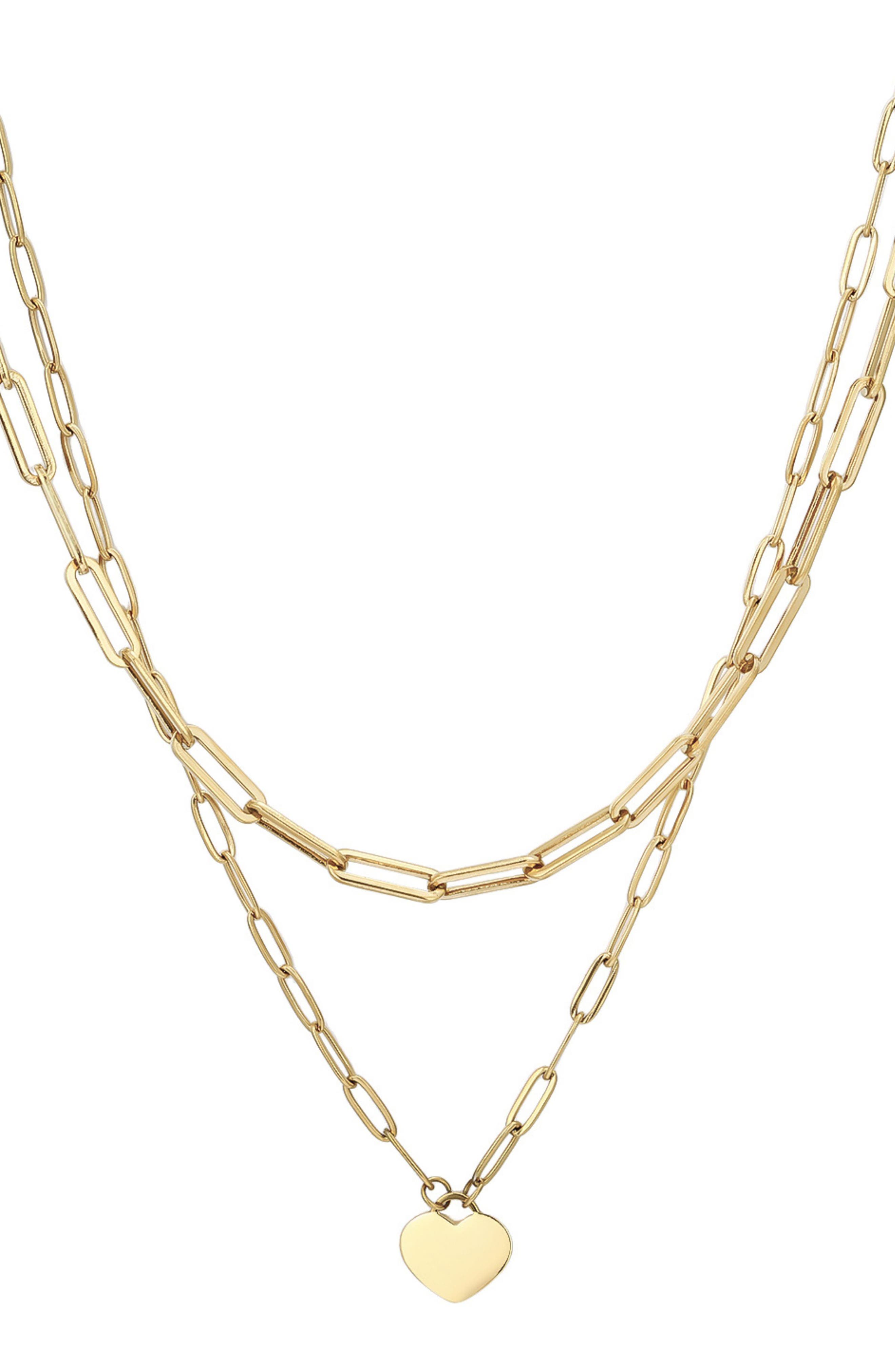 Adornia Layered Heart Pendant Paper Clip Chain Necklace