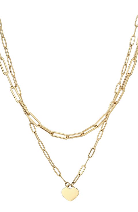 Layered Heart Pendant Paper Clip Chain Necklace