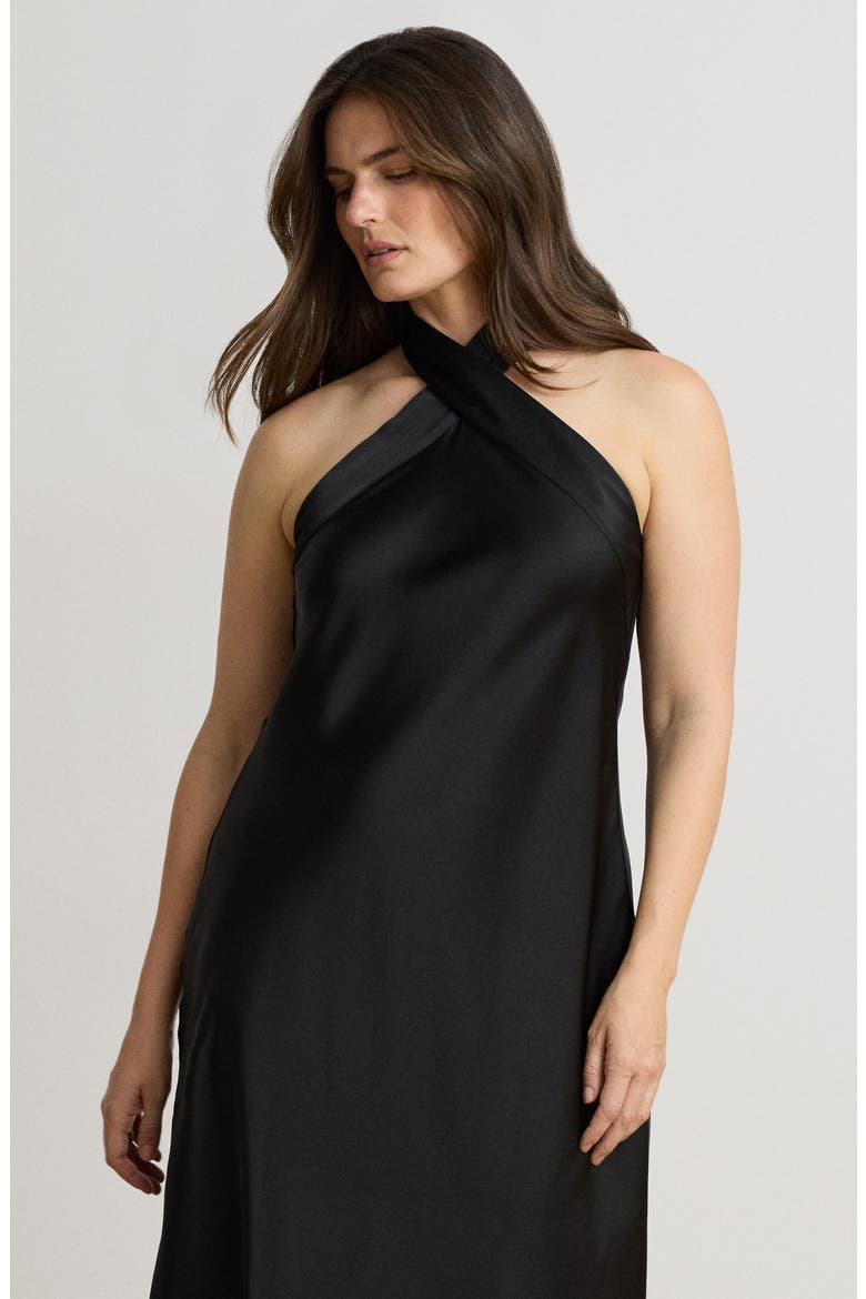 Satin Halter Neck Cocktail Dress, Alternate, color, BLACK