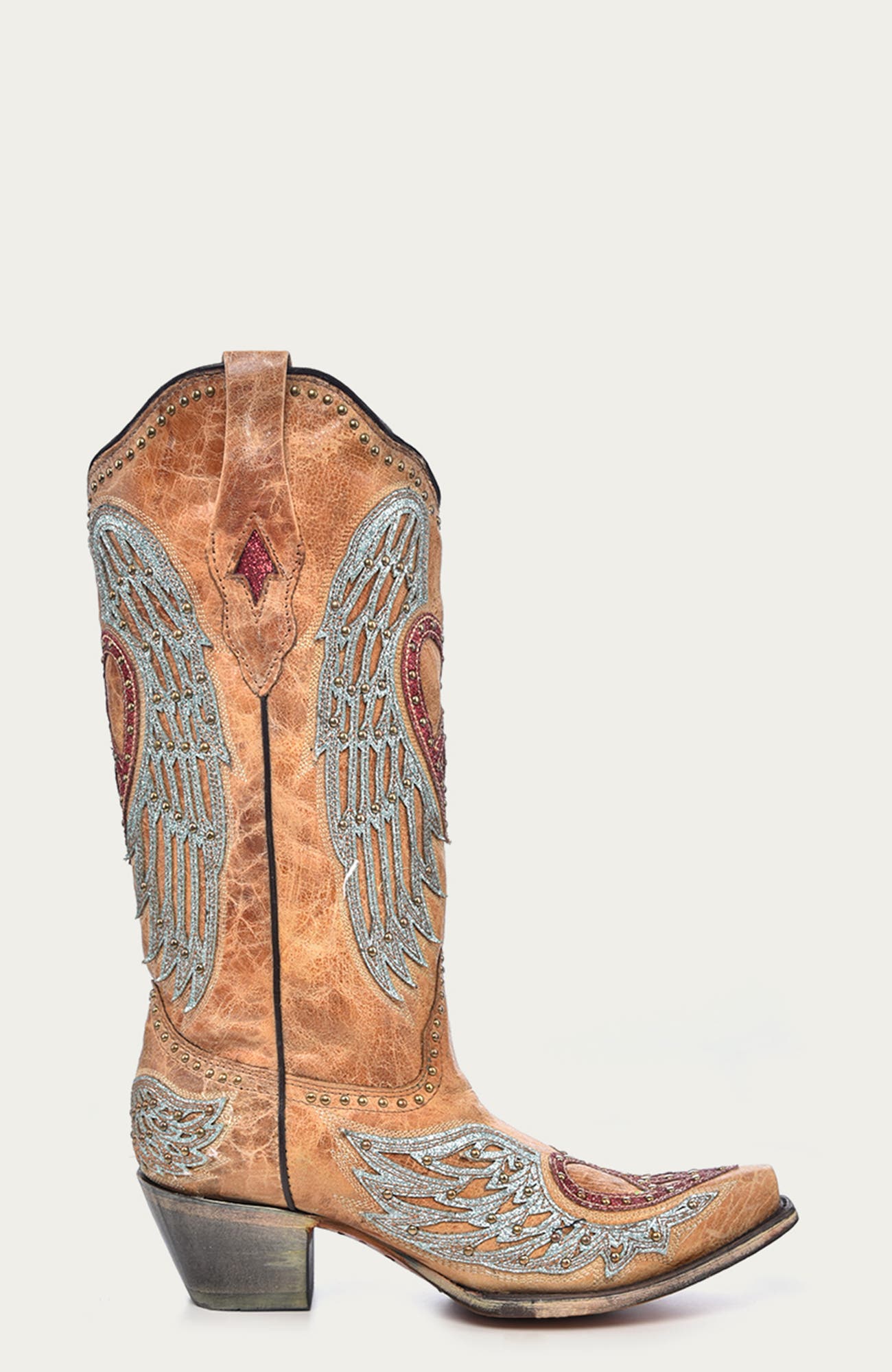 Cowhide Embroidered Overlay Studded Snip Toe Western Boots, Alternate, color, Sand
