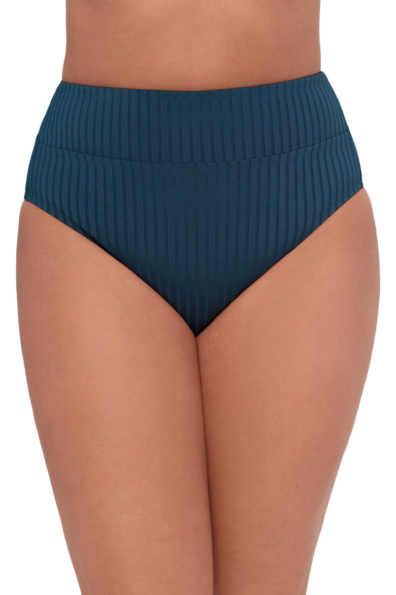 Smoothing and Sculpting Ribbed Banded High-Waist Bikini Swimsuit Bottoms, Main, color, Dusk Blue