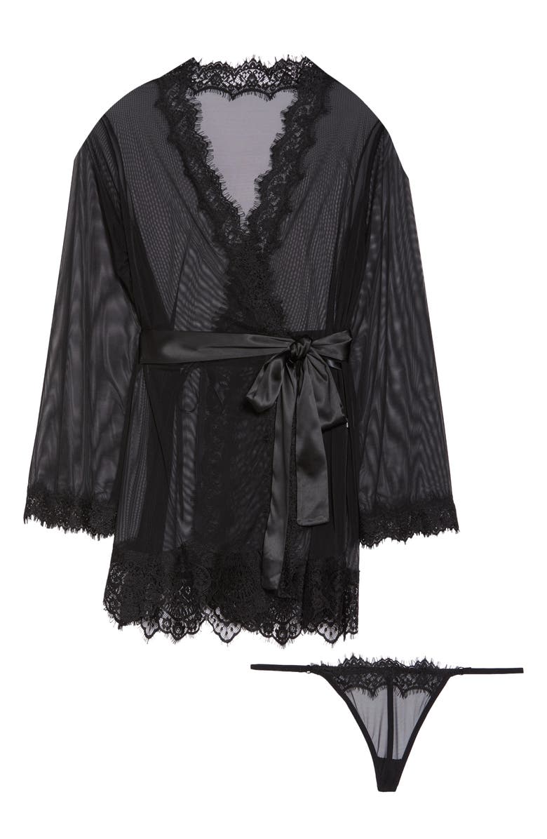Oh La La Cheri Lace Trim Mesh Robe & G-String Set, Alternate, color, Black
