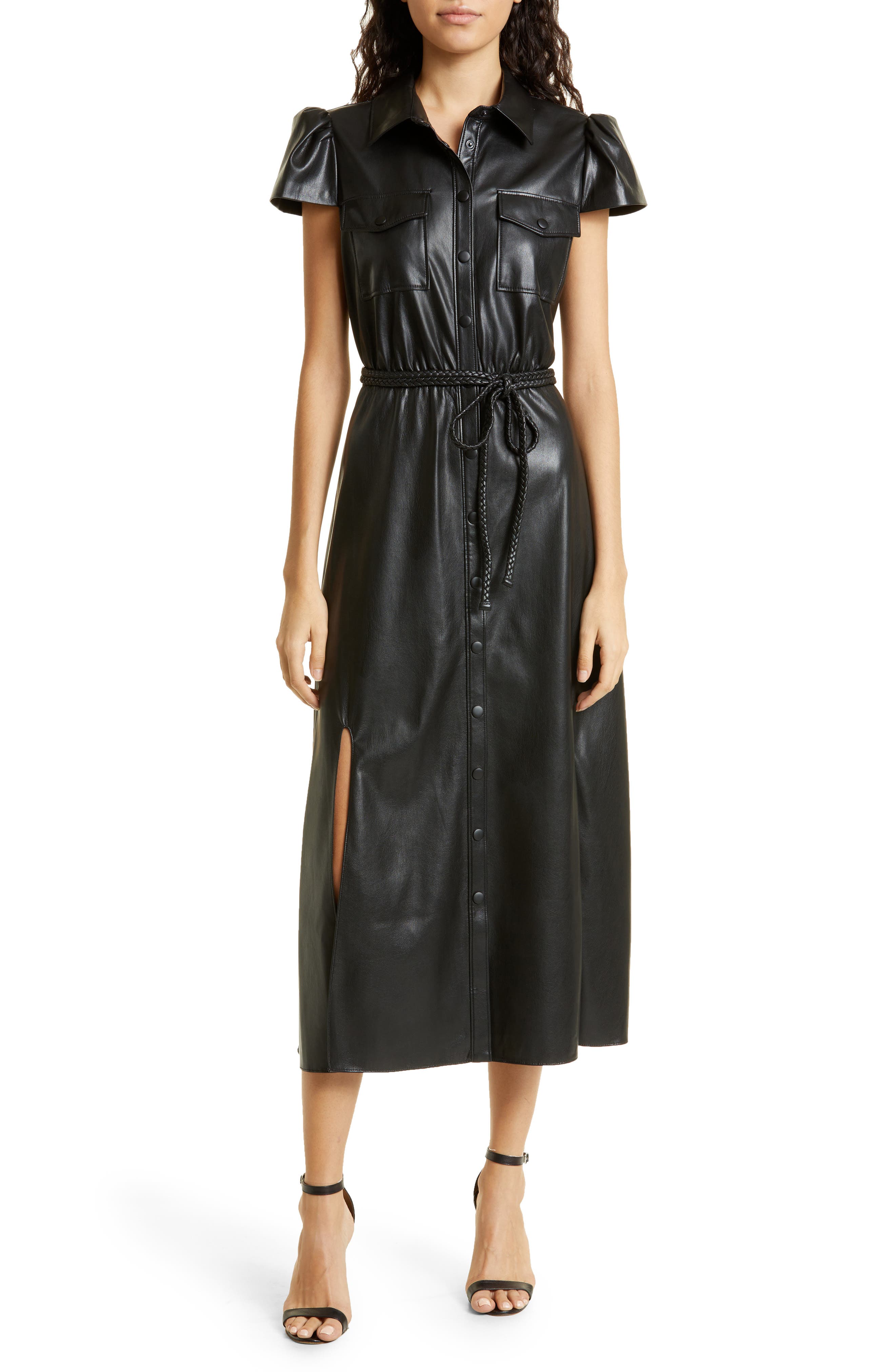 Alice + Olivia Miranda Cap Sleeve Faux Leather Shirtdress in Black