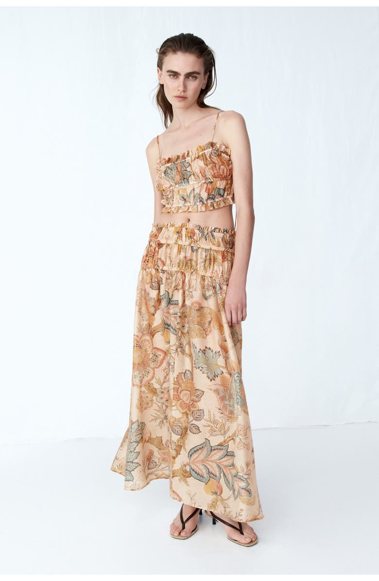 H&M Flared Smock-detail Skirt, Alternate, color, Beige/Floral