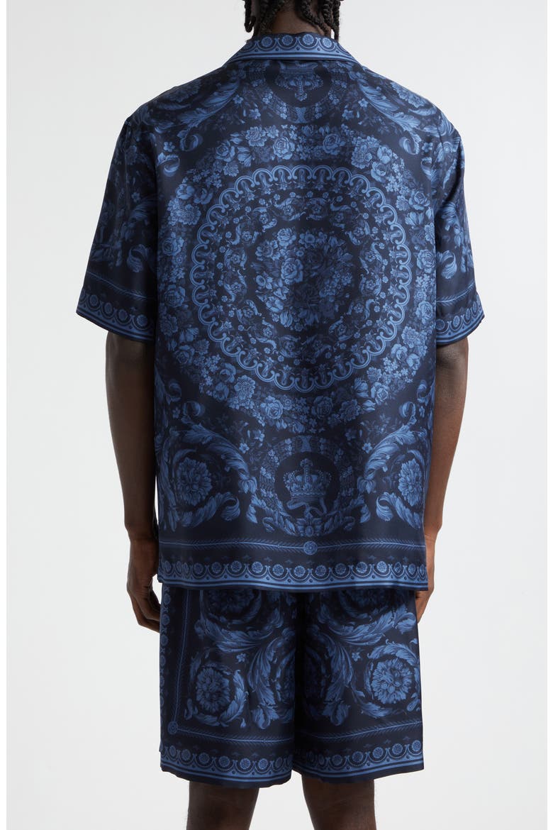 Barocco Print Silk Button-Up Shirt, Alternate, color, NAVY BLUE