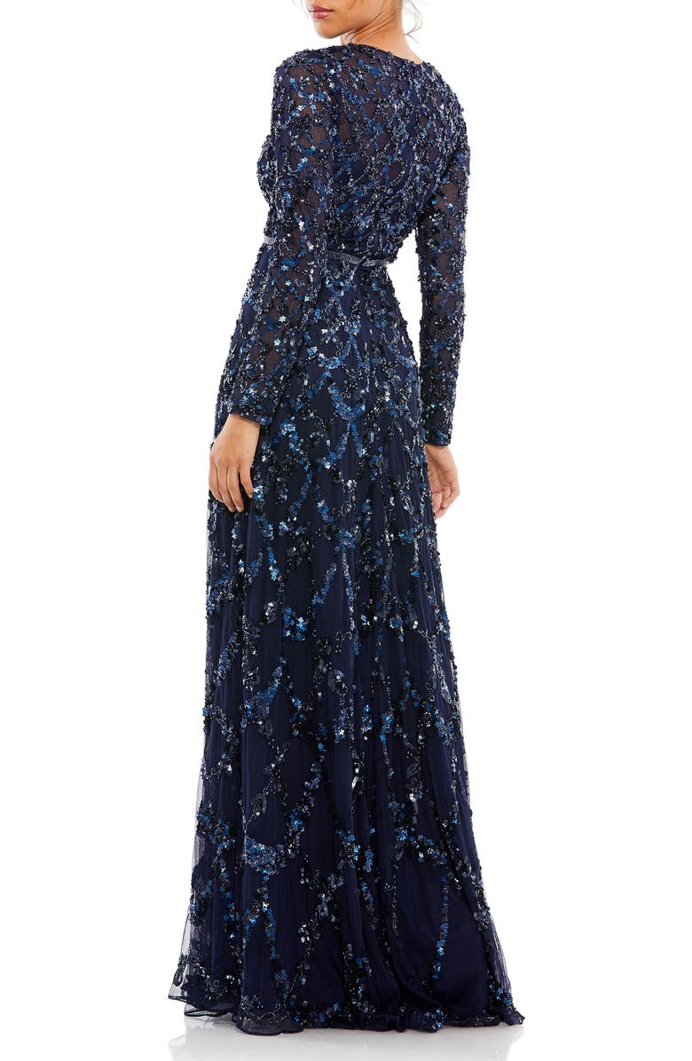 Mac Duggal Embellished Illusion High Neck Long Sleeve A Line Gown, Alternate, color, Midnight