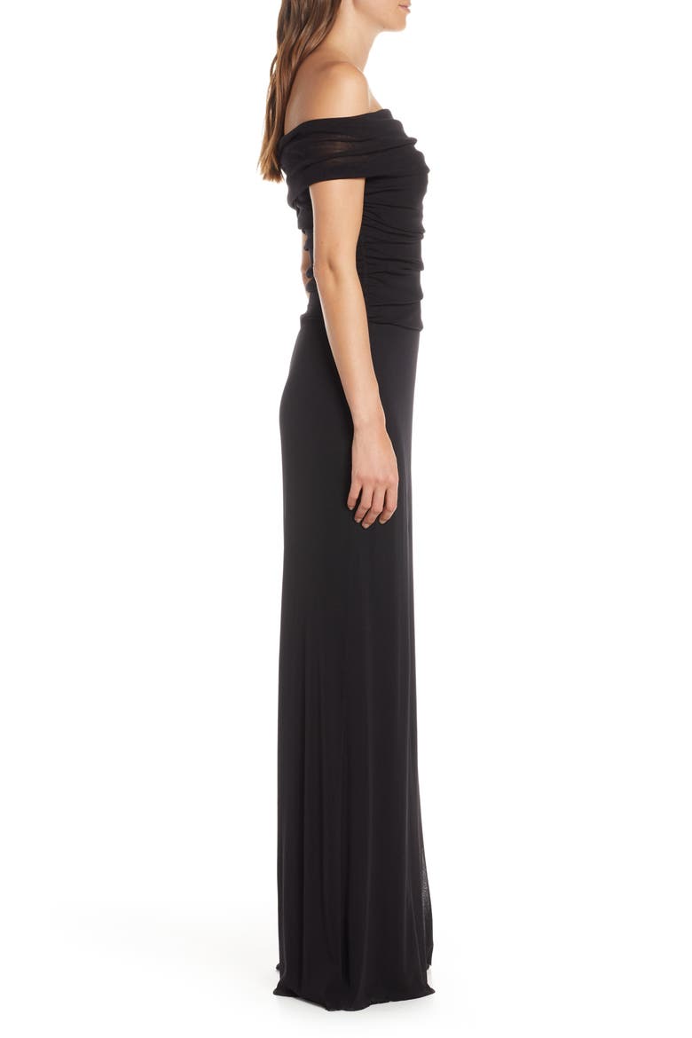 Ruched Bodice Off the Shoulder Mesh Jumpsuit, Alternate, color, BLACK